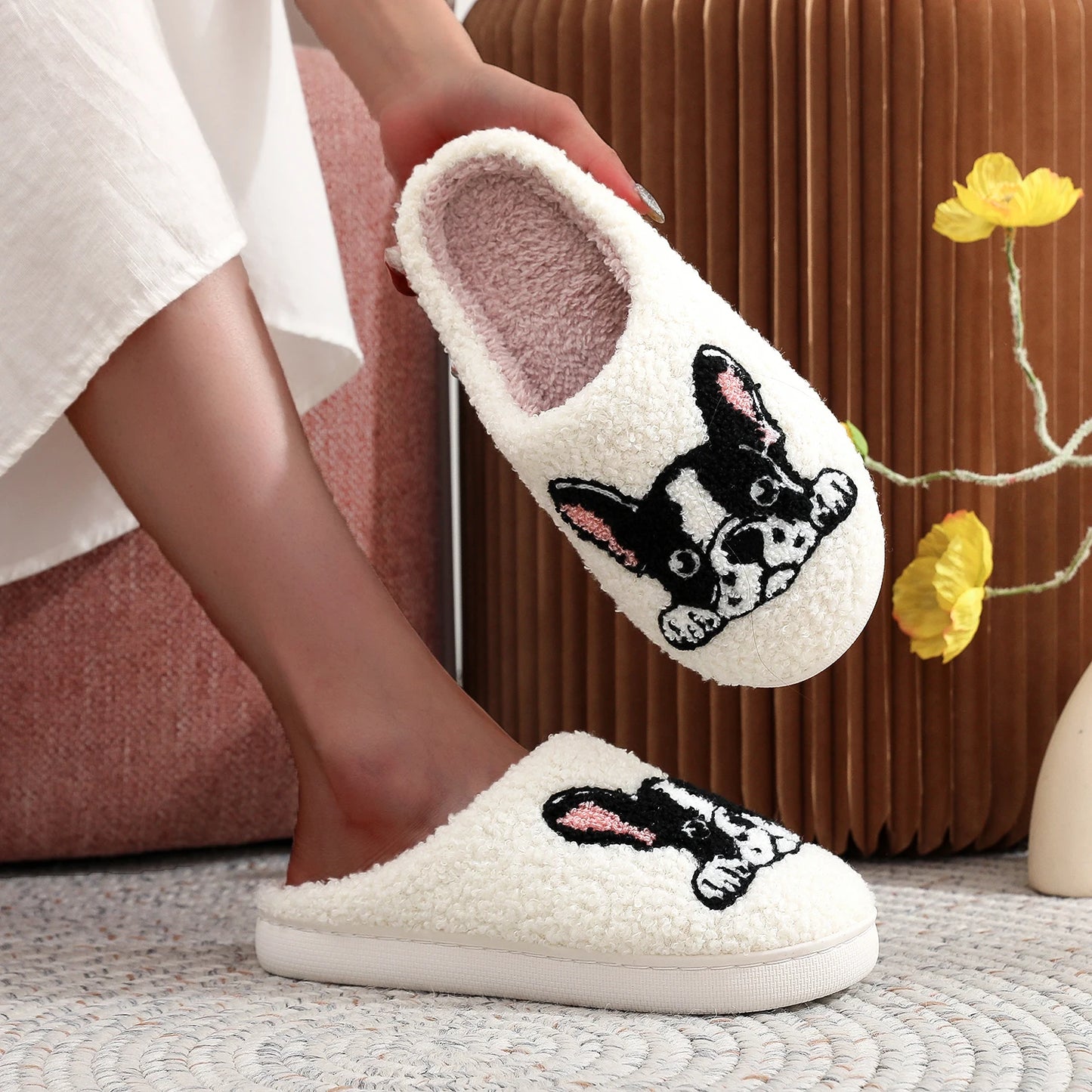 Cosy French Bulldog Embroidered Slippers