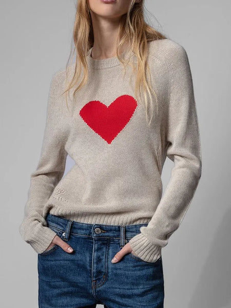 Women's Knitted Red Heart Sweater Pure Wool