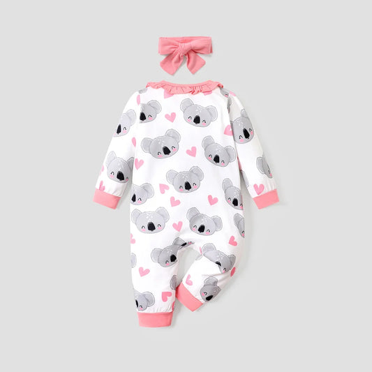 Koala Baby Outfit Set – Long Sleeve Ruffle Jumpsuit + Headband (2 Pieces)