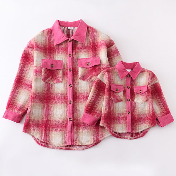 Matching Family Couple Outfit - Pink Plaid Flannel Shirt - Mom, Dad & Kid