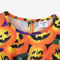 Toddler Girl Sweet Halloween Dress Set - Pumpkin & Spider Web Design