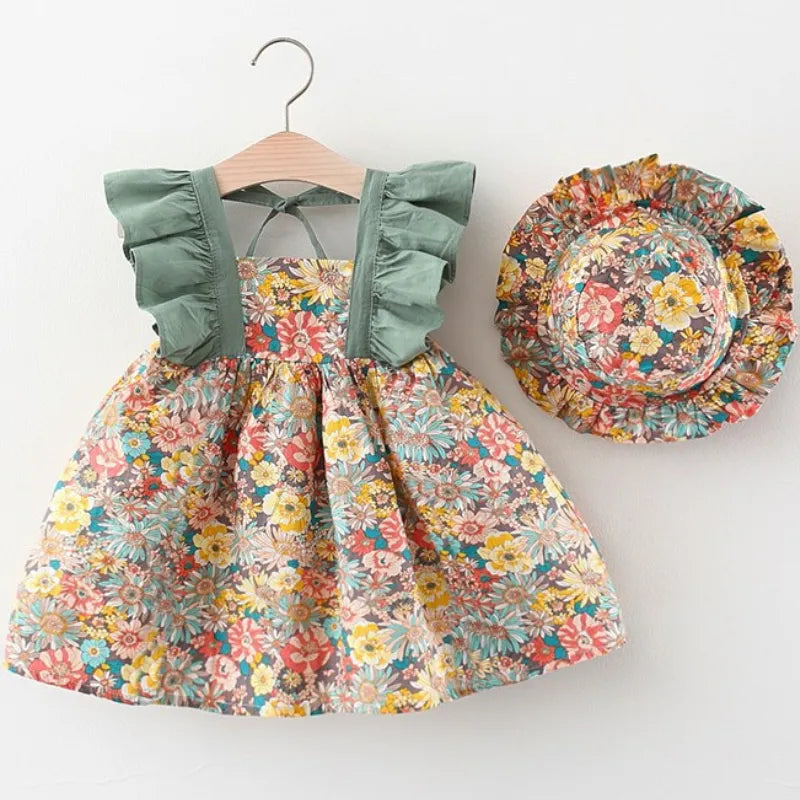 Girls Summer Fashion Dress & Hat Set