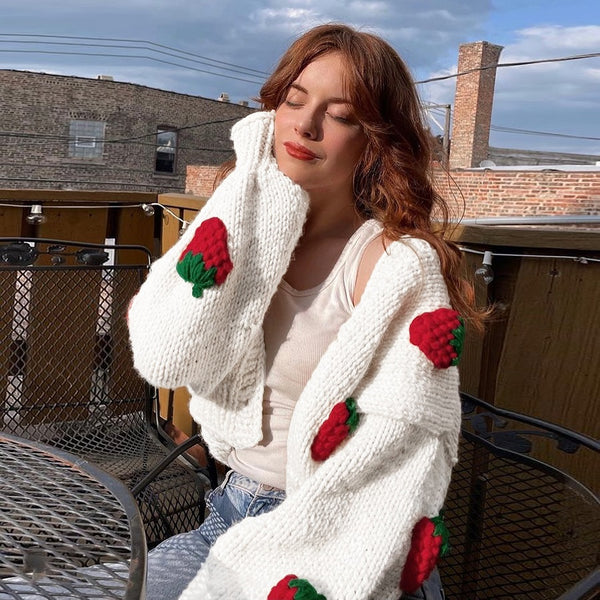 White Knitted Cardigan with Embroidered Strawberries