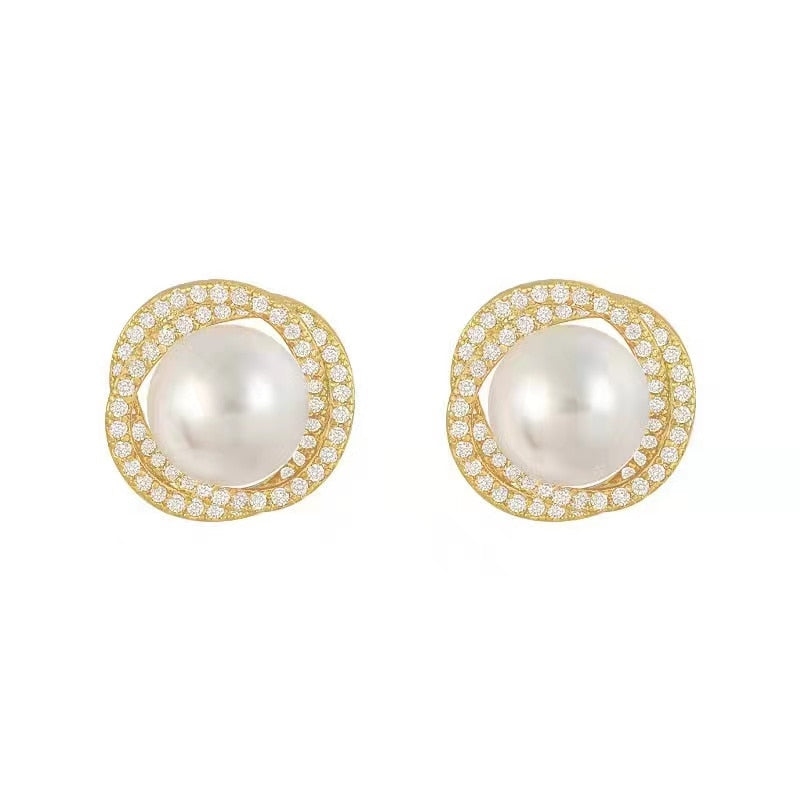 Gold Earrings Swirl-Shaped with Pearls and Zircons