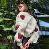 White Knitted Cardigan with Embroidered Strawberries