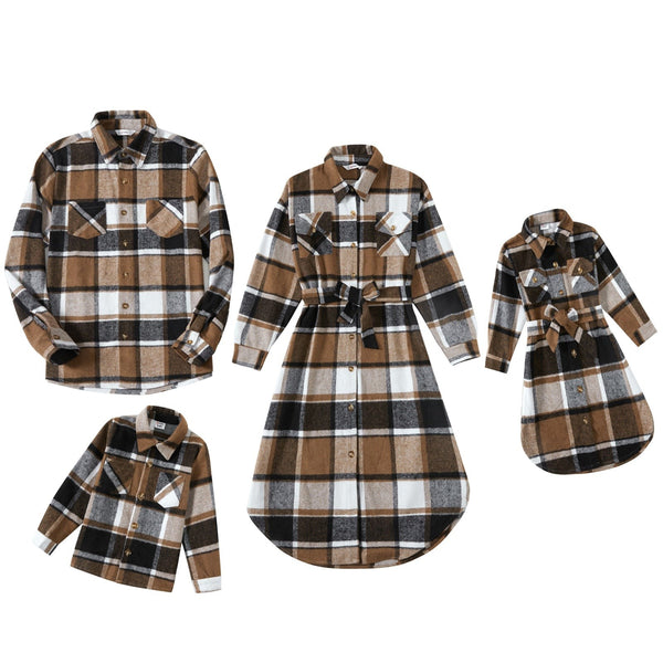 Long-Sleeve Coffee Plaid Shirts & Dresses Set - Matching Family Outfits
