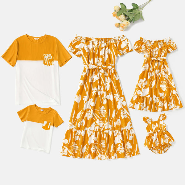 Yellow Floral Dresses and T-shirt - Matching Family Outfits