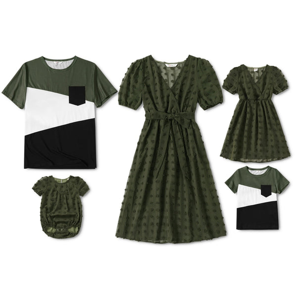 Cross V-Neck Short-Sleeved Dresses and T-Shirts - Matching Family Outfit - Swiss Dots Set