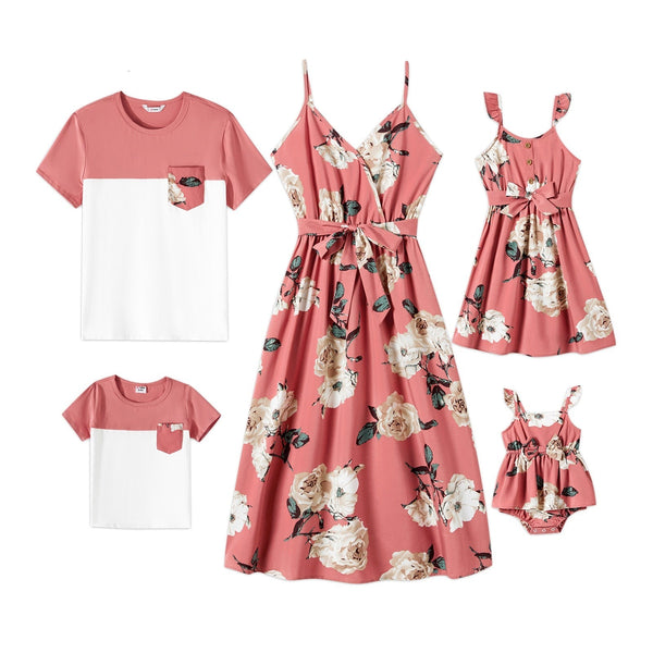 Matching Family & Couple Outfits - Floral Print Belted Slip Dresses & Short Sleeve T-shirts