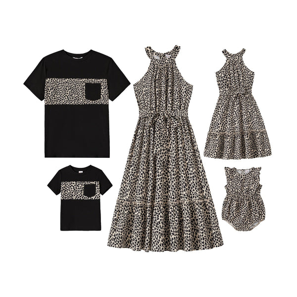 Family Matching Outfits - Cotton Spliced T-shirts and Leopard Print Dresses