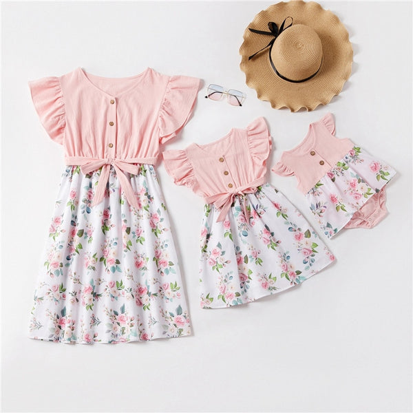 Matching Family Outfit - Mummy and Daughter Pink Floral Dress with Ruffles