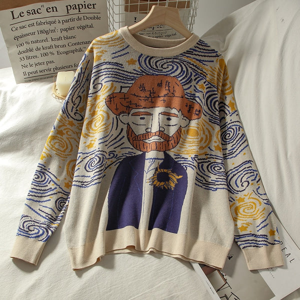 Tribute to Van Gogh Cartoon Knit Sweater
