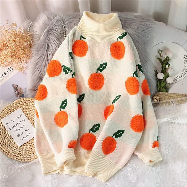 Orange Fruit Turtleneck Knit Sweater