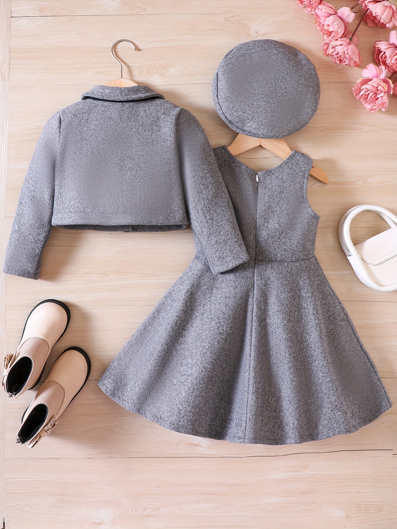 Elegant Girls' Outfit Set – Sleeveless Dress, Long-Sleeve Coat, and Beret