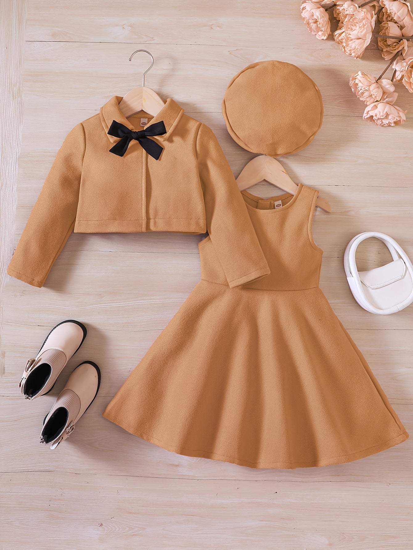 Elegant Girls' Outfit Set – Sleeveless Dress, Long-Sleeve Coat, and Beret