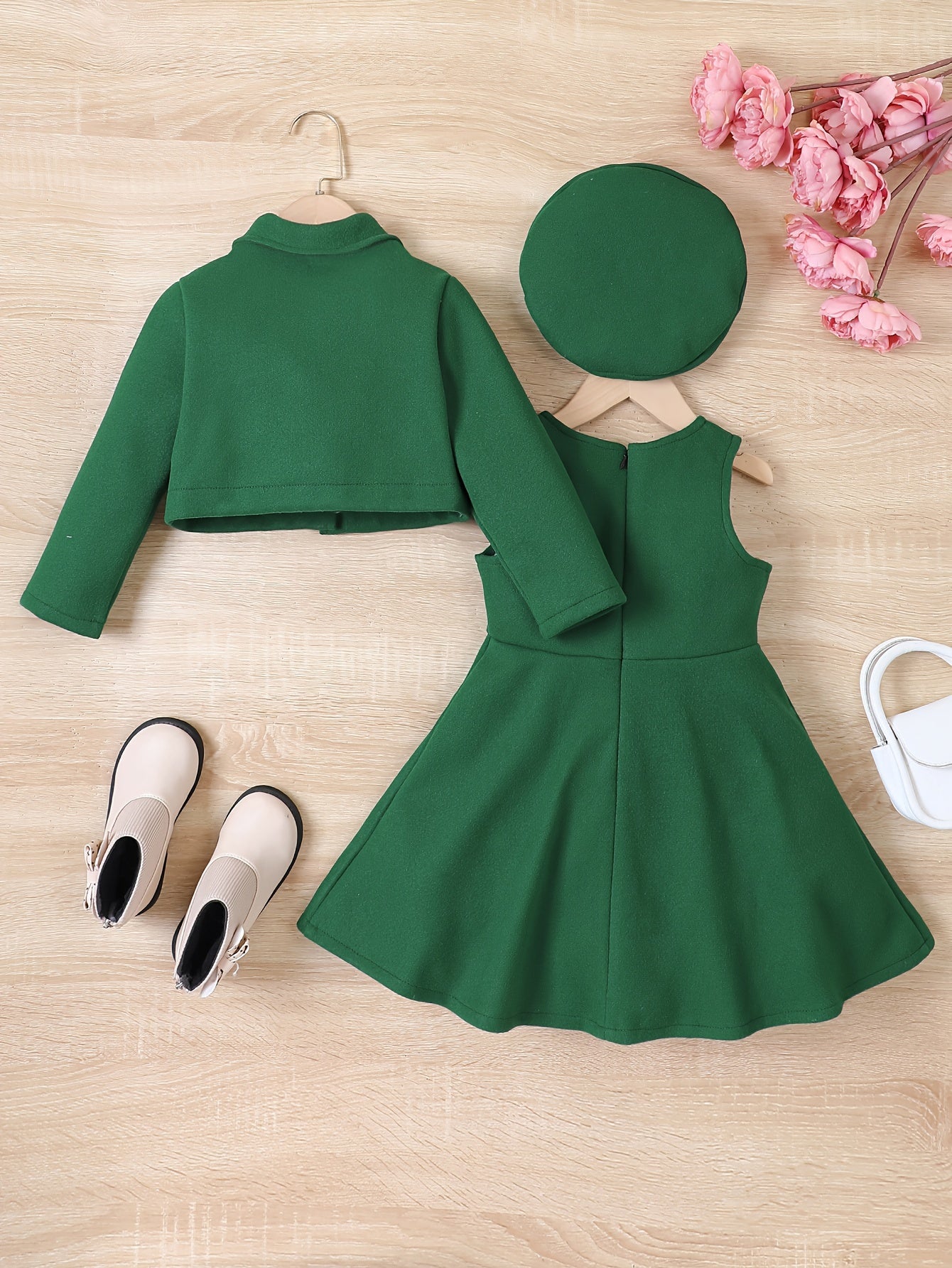 Elegant Girls' Outfit Set – Sleeveless Dress, Long-Sleeve Coat, and Beret