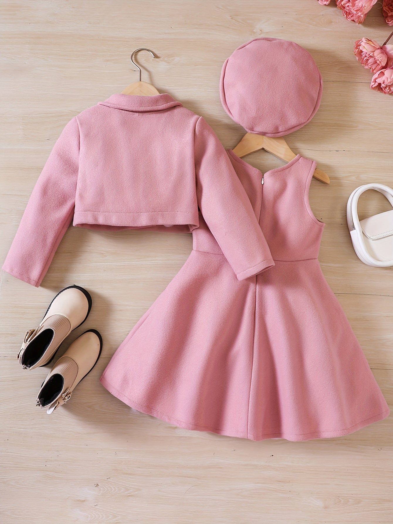 Elegant Girls' Outfit Set – Sleeveless Dress, Long-Sleeve Coat, and Beret