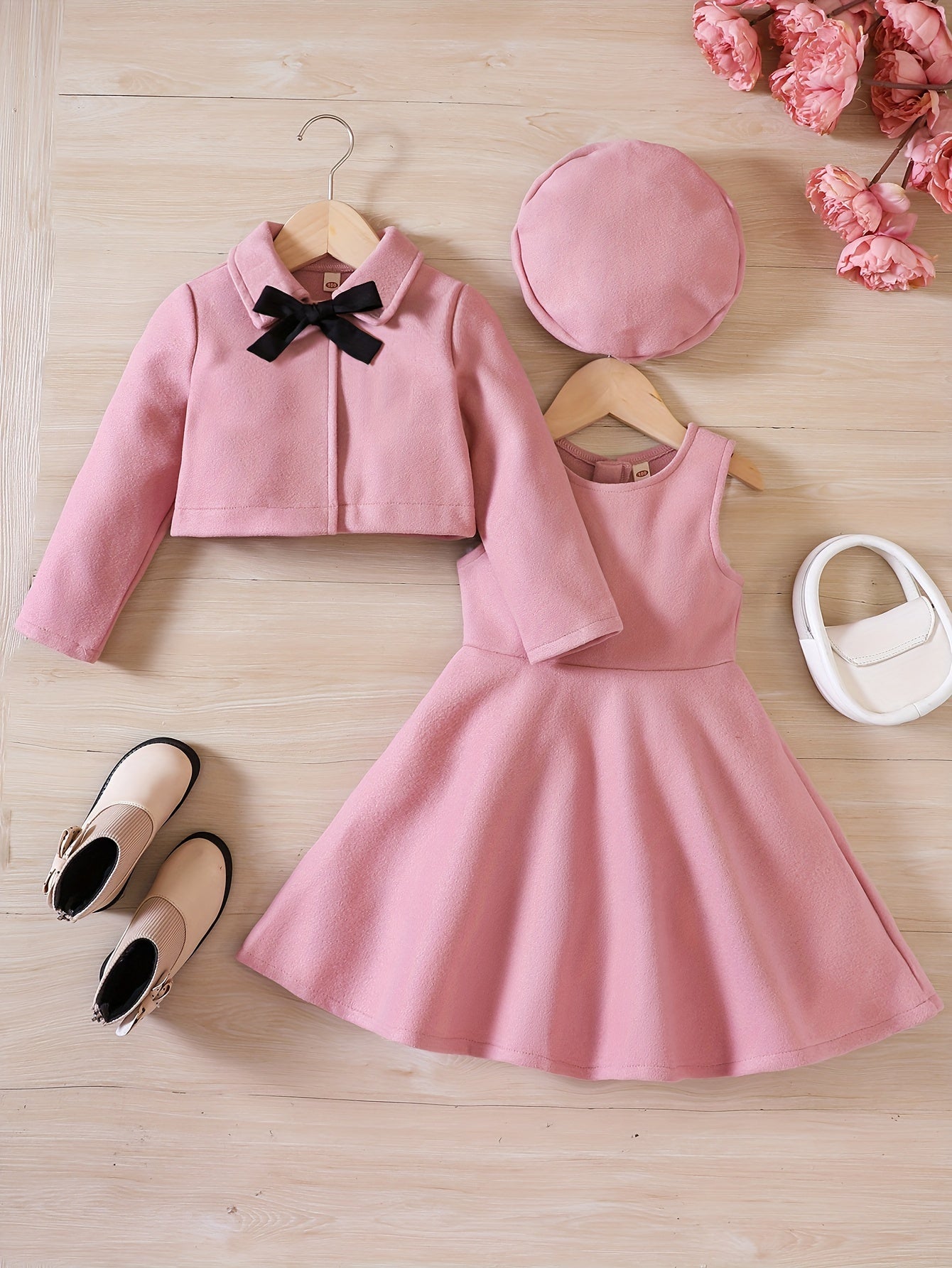 Elegant Girls' Outfit Set – Sleeveless Dress, Long-Sleeve Coat, and Beret