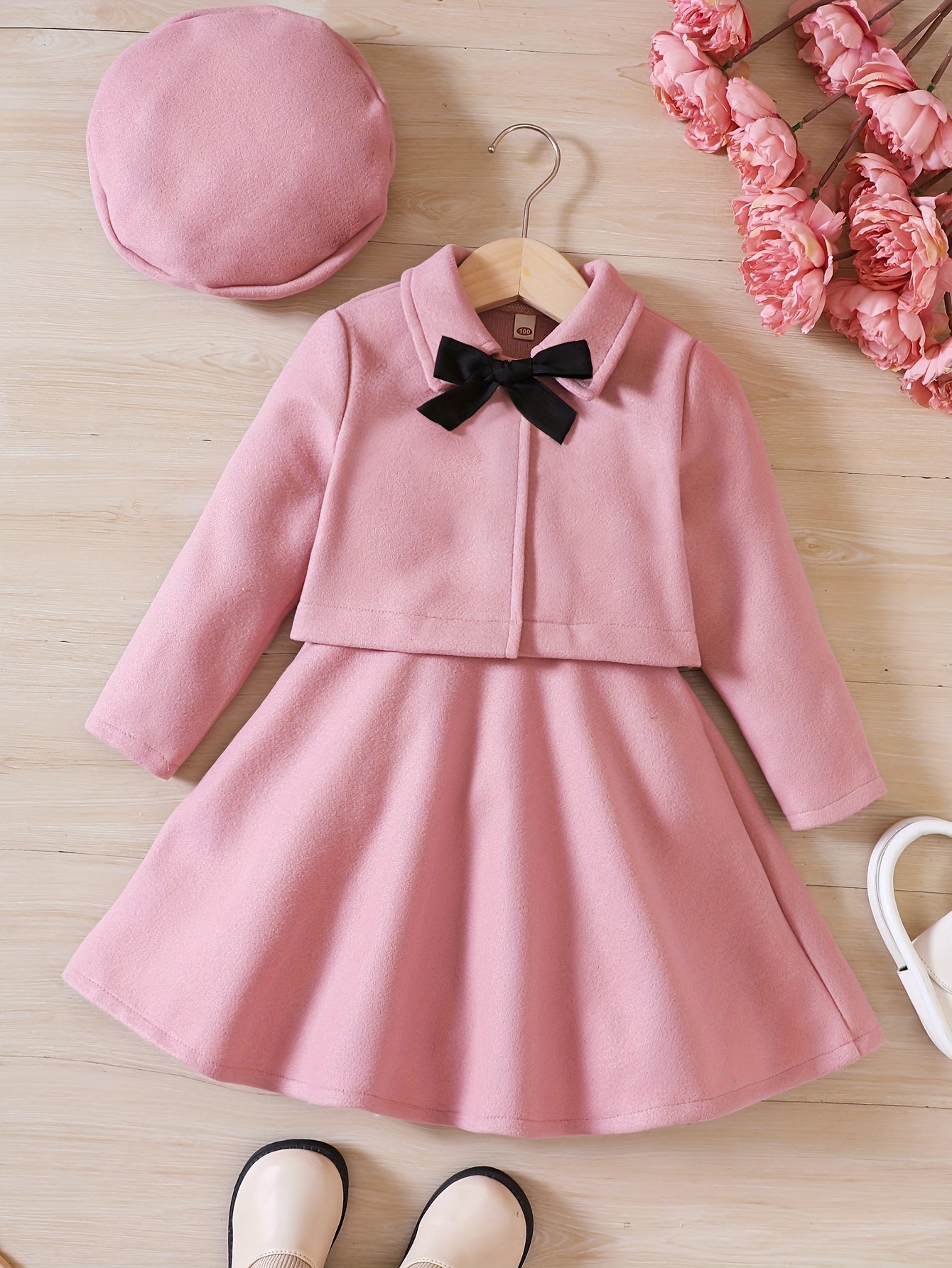 Elegant Girls' Outfit Set – Sleeveless Dress, Long-Sleeve Coat, and Beret