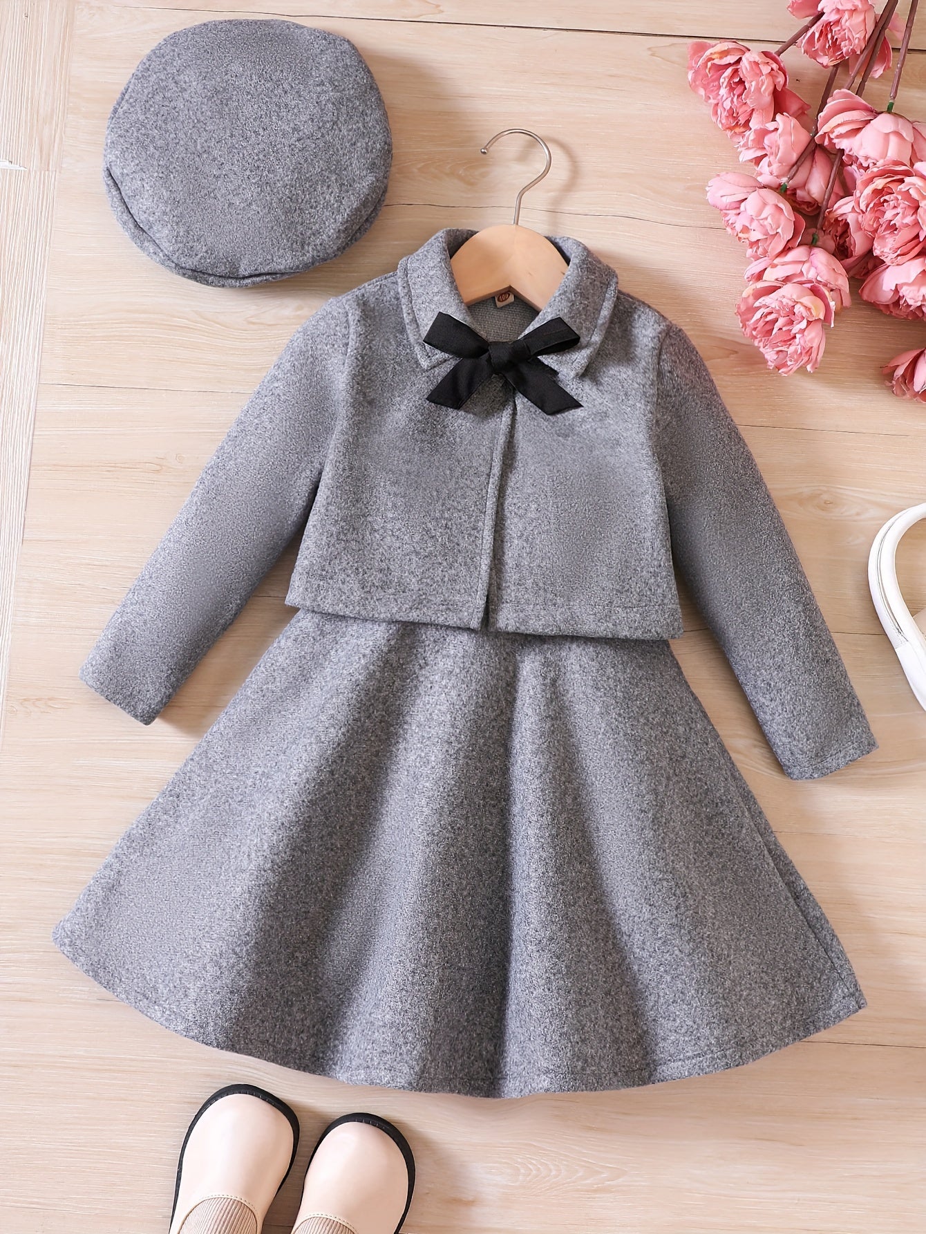 Elegant Girls' Outfit Set – Sleeveless Dress, Long-Sleeve Coat, and Beret