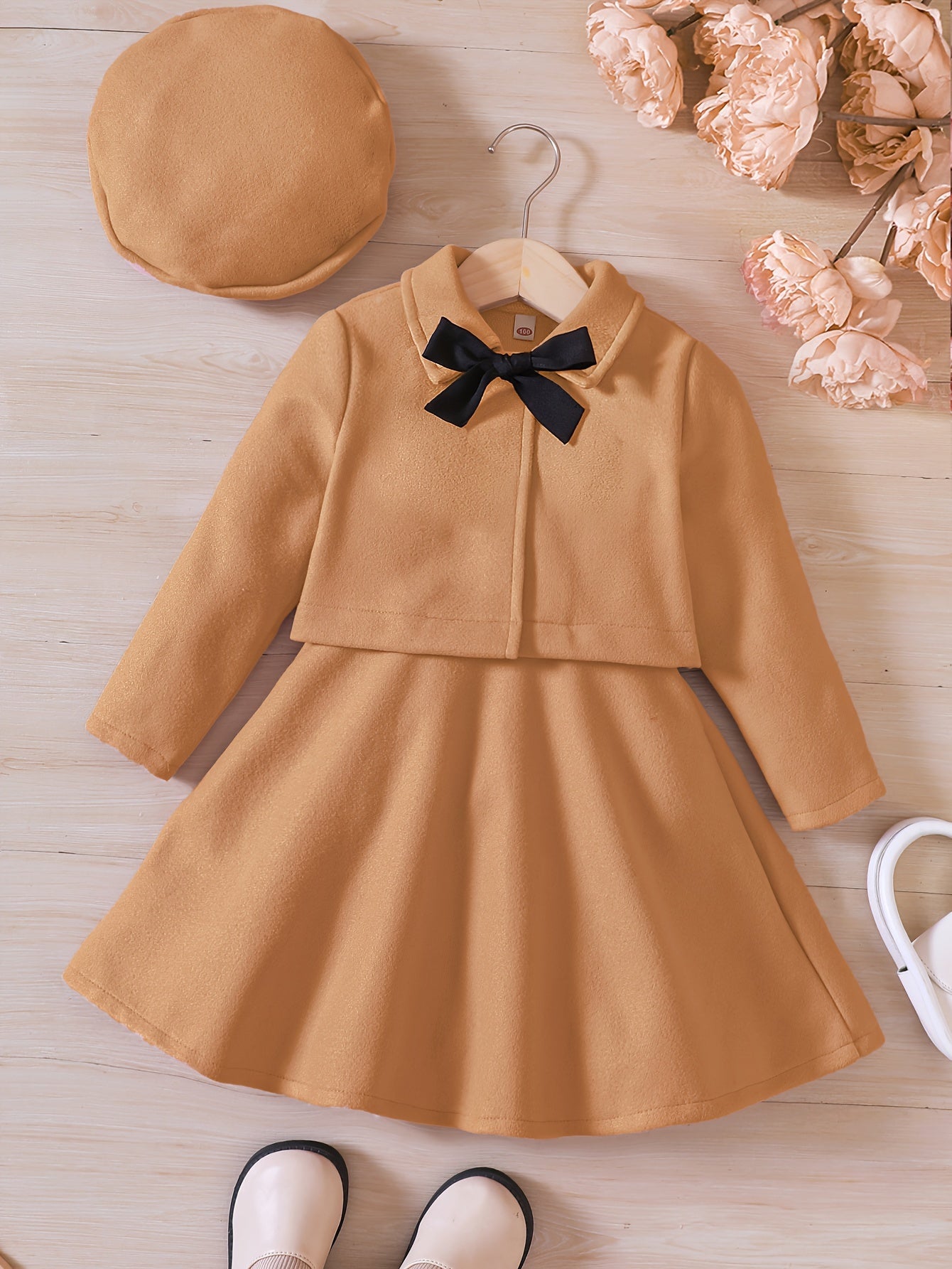 Elegant Girls' Outfit Set – Sleeveless Dress, Long-Sleeve Coat, and Beret