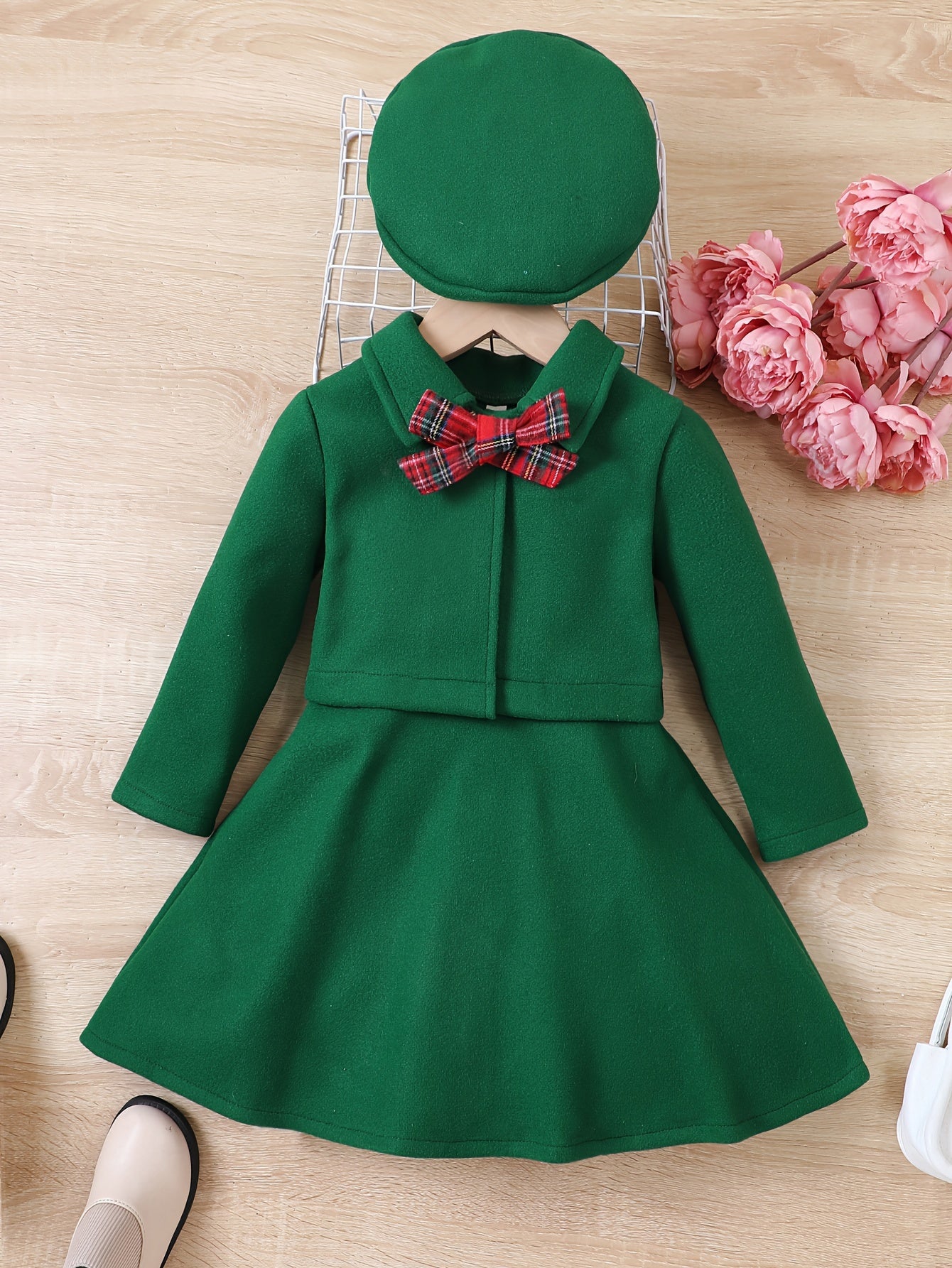 Elegant Girls' Outfit Set – Sleeveless Dress, Long-Sleeve Coat, and Beret