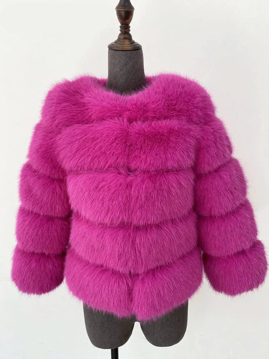 A vibrant faux fur coat with a burst of colours, perfect for autumn and winter. This coat showcases a plush, thick texture that mimics real fur, providing warmth and a stylish appearance. Available in sizes S to 5XL, it offers a flattering fit for different body shapes.