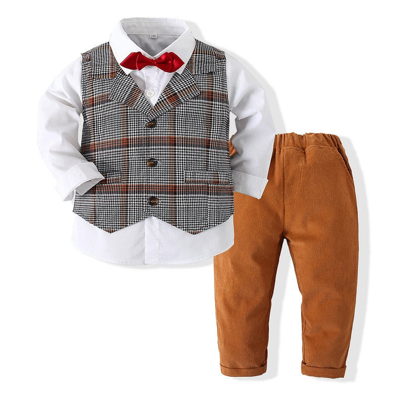 Gentlemen Boys Formal Outfit Set - Long Sleeve Shirt, Vest, Pants and Tie