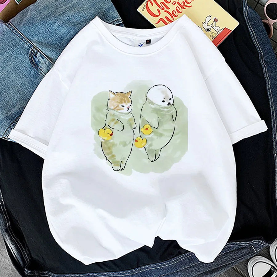 Charming Cat Print T-Shirts