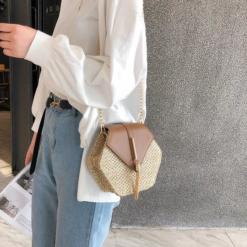 Hexagonal Straw and Leather Women's Summer Bag