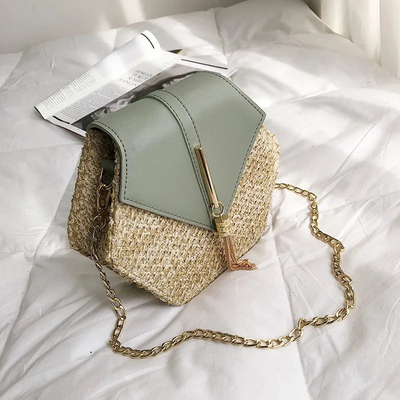 Hexagonal Straw and Leather Women's Summer Bag