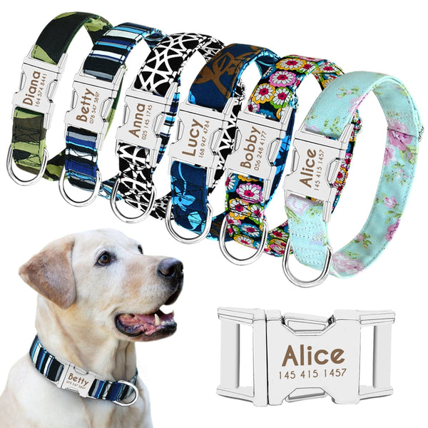Collar de perro de nailon personalizado con etiqueta reflectante de identificación grabada