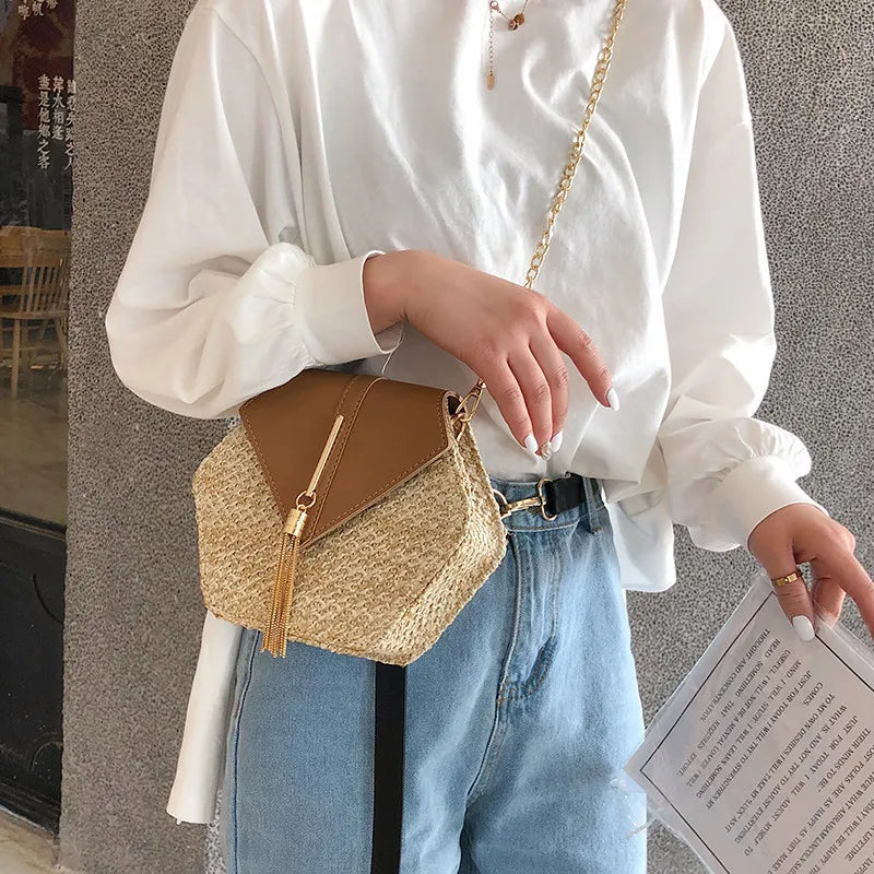 Hexagonal Straw and Leather Women's Summer Bag