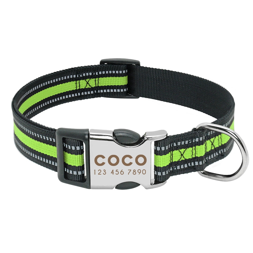 Custom Nylon Dog Collar with Engraved ID Reflective Tag