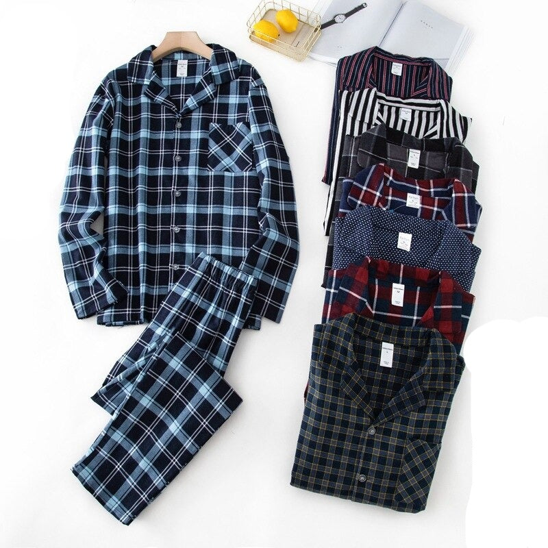 Winter Men's Plaid Flannel Pyjamas 2 Pcs Set