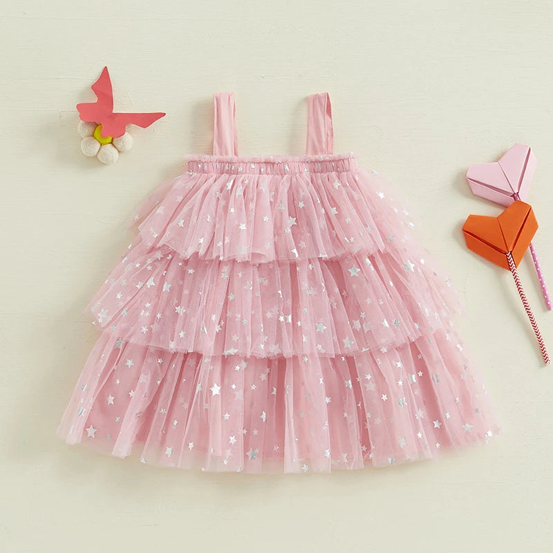 Girls' Knee-Length Tulle Dress – Sleeveless & Ruffled