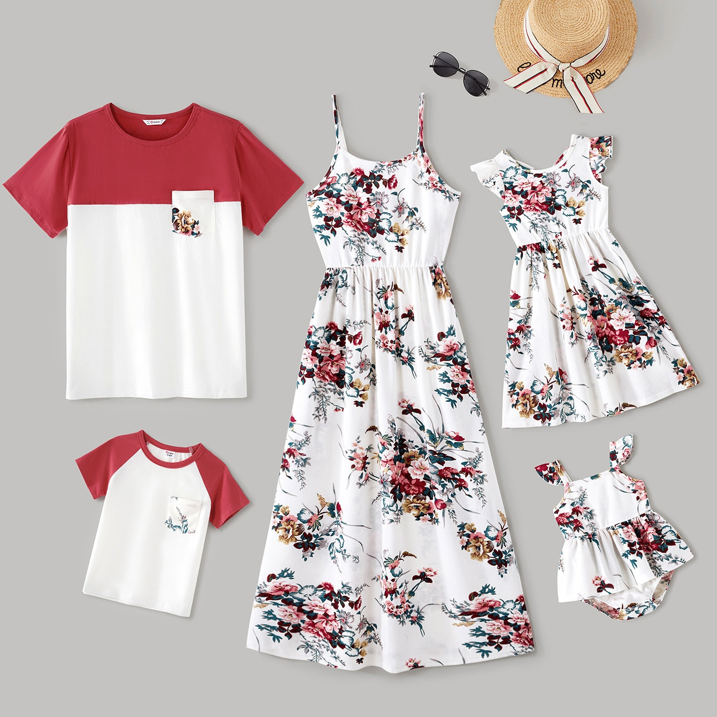 Matching Family Outfit - Floral Print Strap Dresses and T-Shirts Set