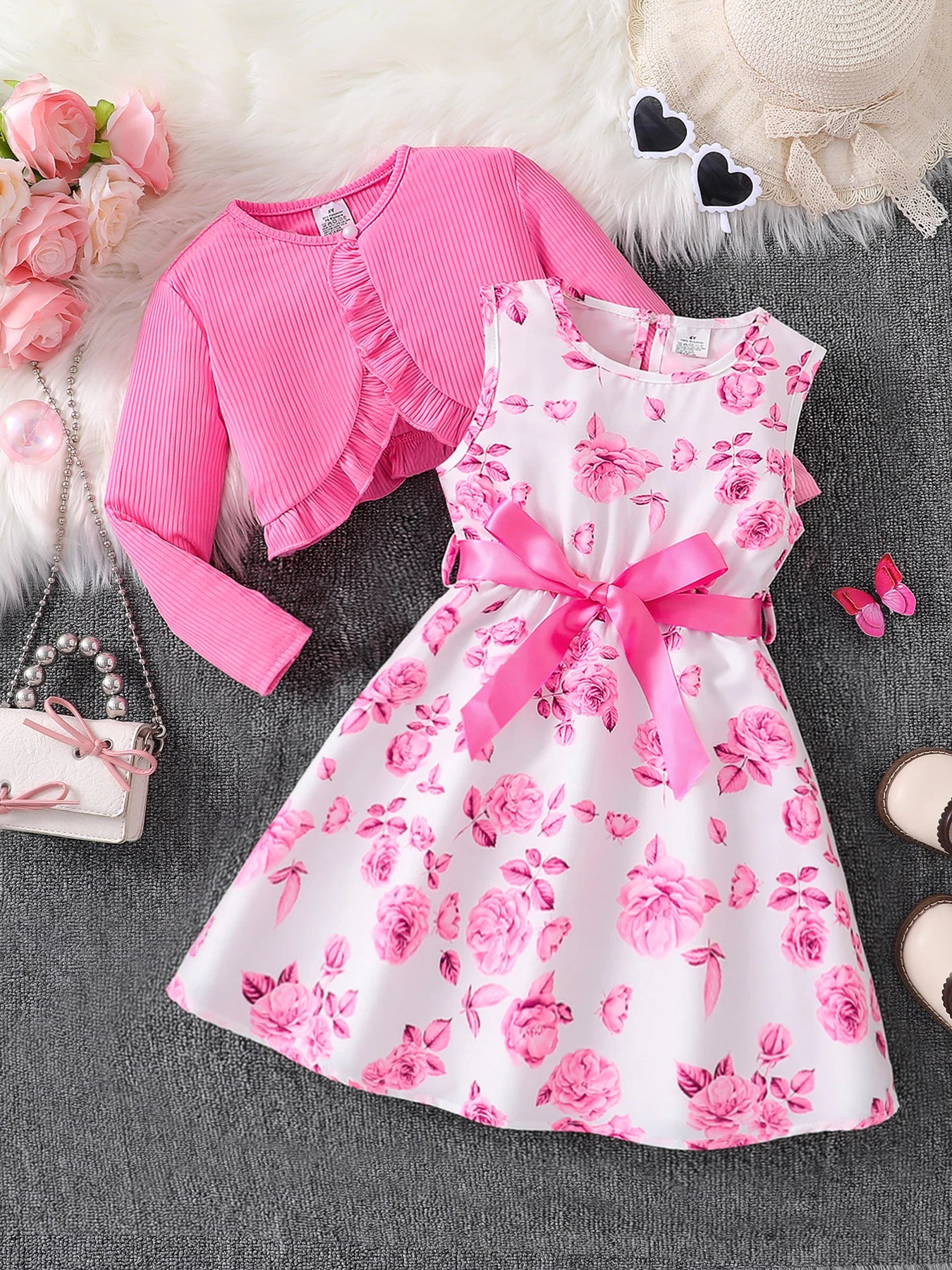 Girls' Pink Floral Dress Set – 2-Piece Outfit