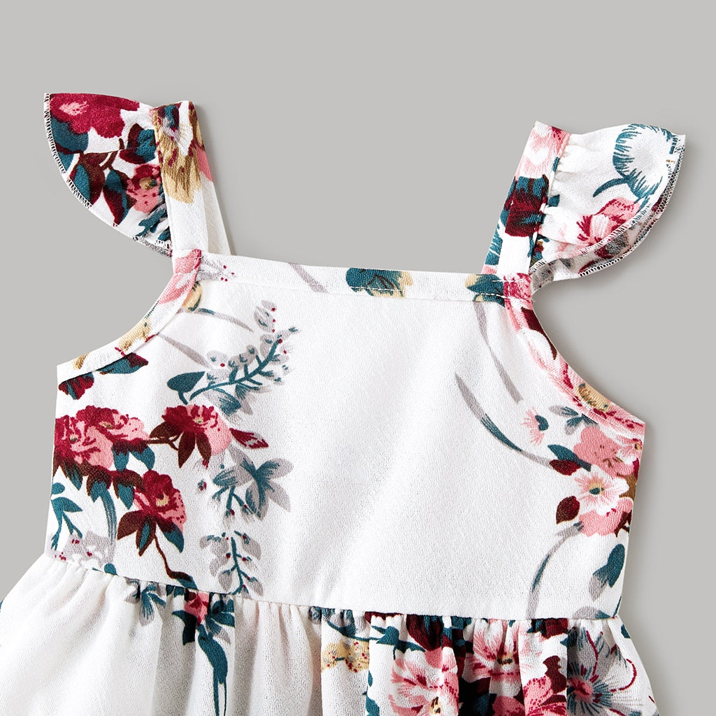 Matching Family Outfit - Floral Print Strap Dresses and T-Shirts Set