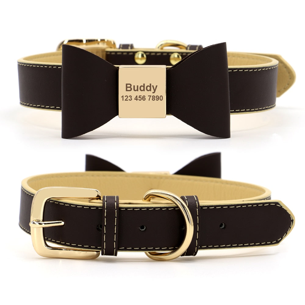 Dog & Cat Engraved Leather Bow Collar