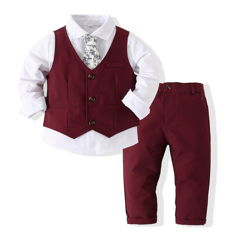 Gentlemen Boys Formal Outfit Set - Long Sleeve Shirt, Vest, Pants and Tie