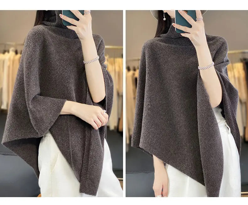 Women's High Neck Merino Wool Poncho