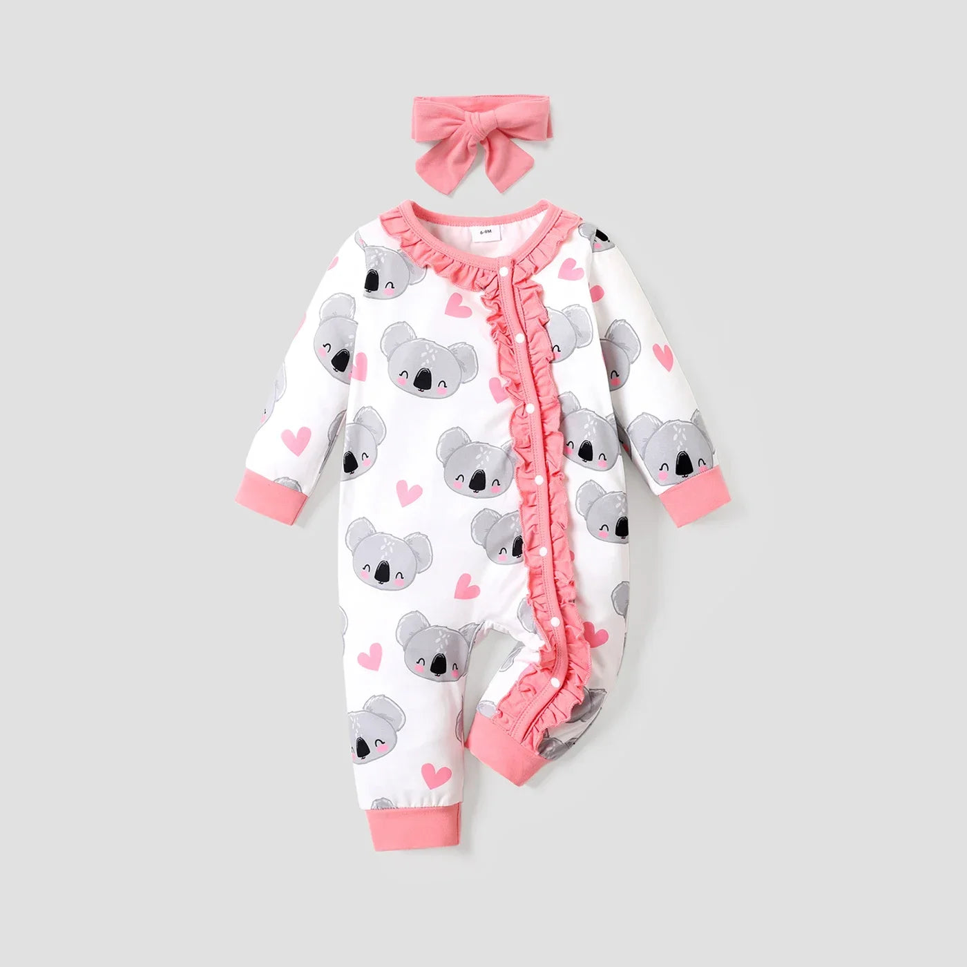 Koala Baby Outfit Set – Long Sleeve Ruffle Jumpsuit + Headband (2 Pieces)