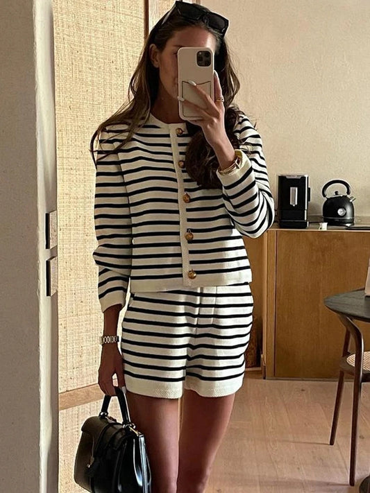 Striped Knit 2 Piece-Set Women Cardigan and Shorts