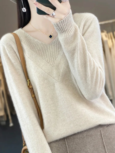 Women's V-neck Pullover Sweater Merino Wool