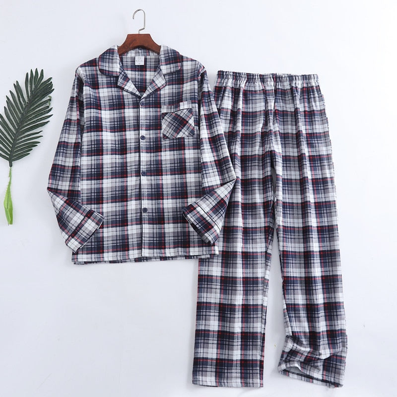 Winter Men's Plaid Flannel Pyjamas 2 Pcs Set