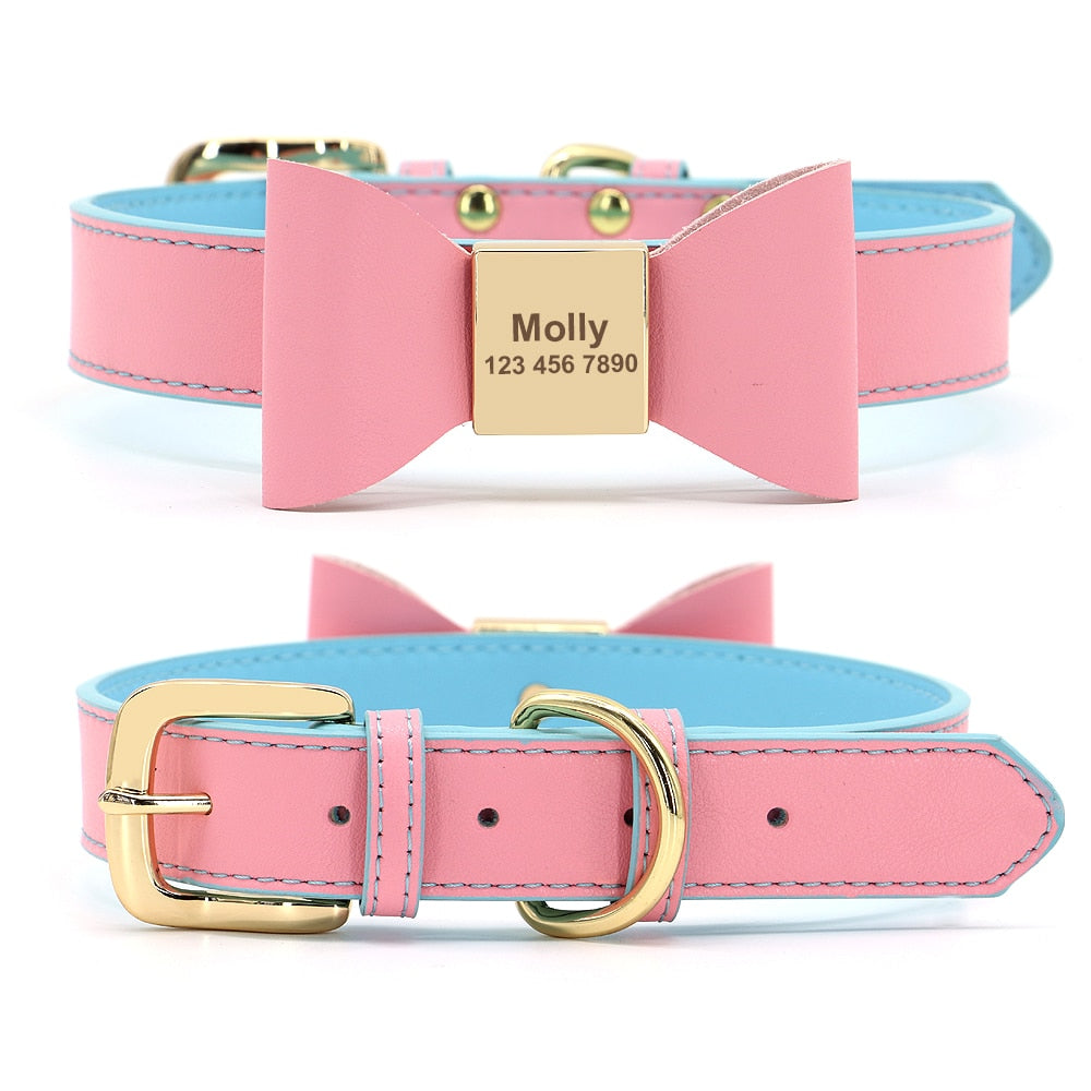 Dog & Cat Engraved Leather Bow Collar