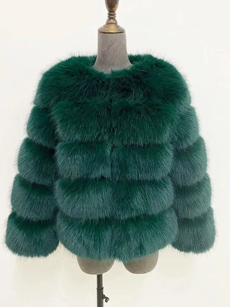 A vibrant faux fur coat with a burst of colours, perfect for autumn and winter. This coat showcases a plush, thick texture that mimics real fur, providing warmth and a stylish appearance. Available in sizes S to 5XL, it offers a flattering fit for different body shapes.