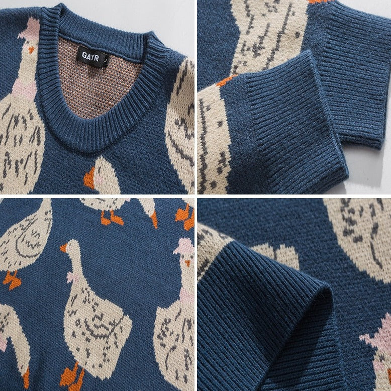 Japanese-style Knit Sweater Duck Goose Print