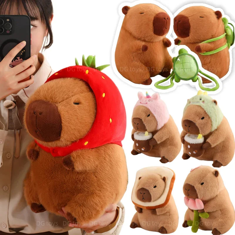 Strawberry Hat and Turtle Backpack Capybara Plush Toys